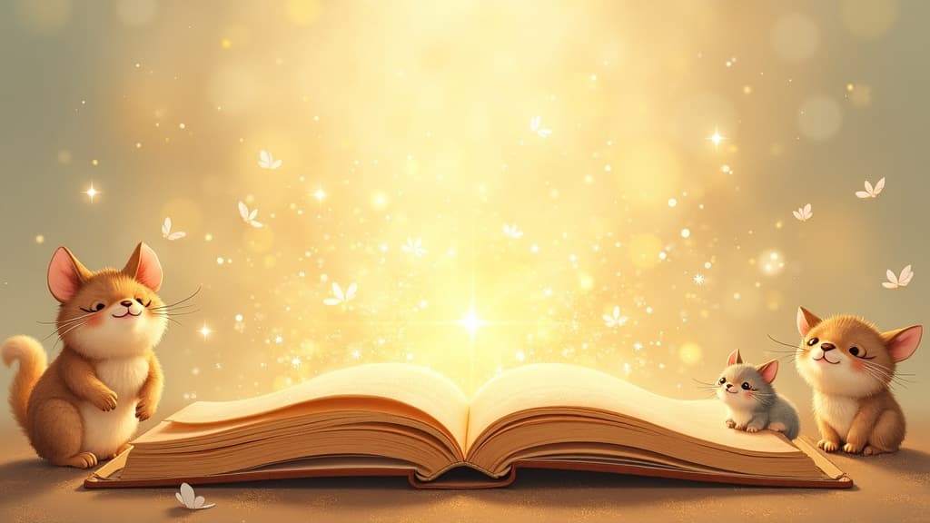 A magical storybook opening with golden light and enchanting characters